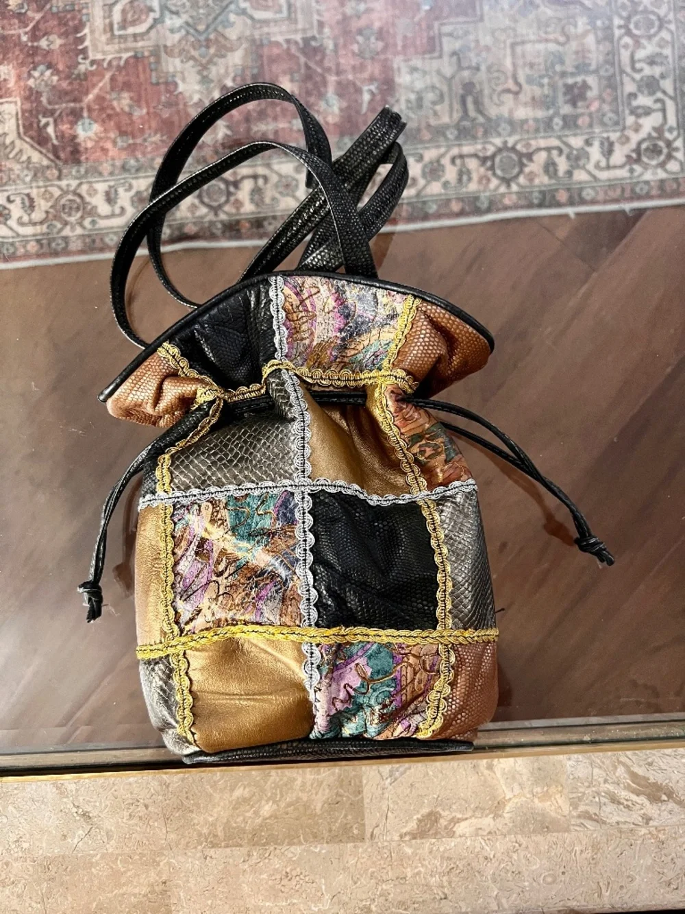 Vintage 1980/1990s Paris Gino metallic patchwork drawstring bucket bag